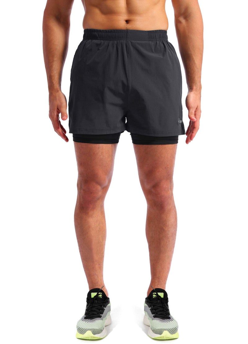 Pudolla Menâ€™s 2 in 1 Running Shorts 5" Quick Dry Gym Athletic Workout Shorts for Men with Phone Pockets(Dark Grey Large) - Image 2